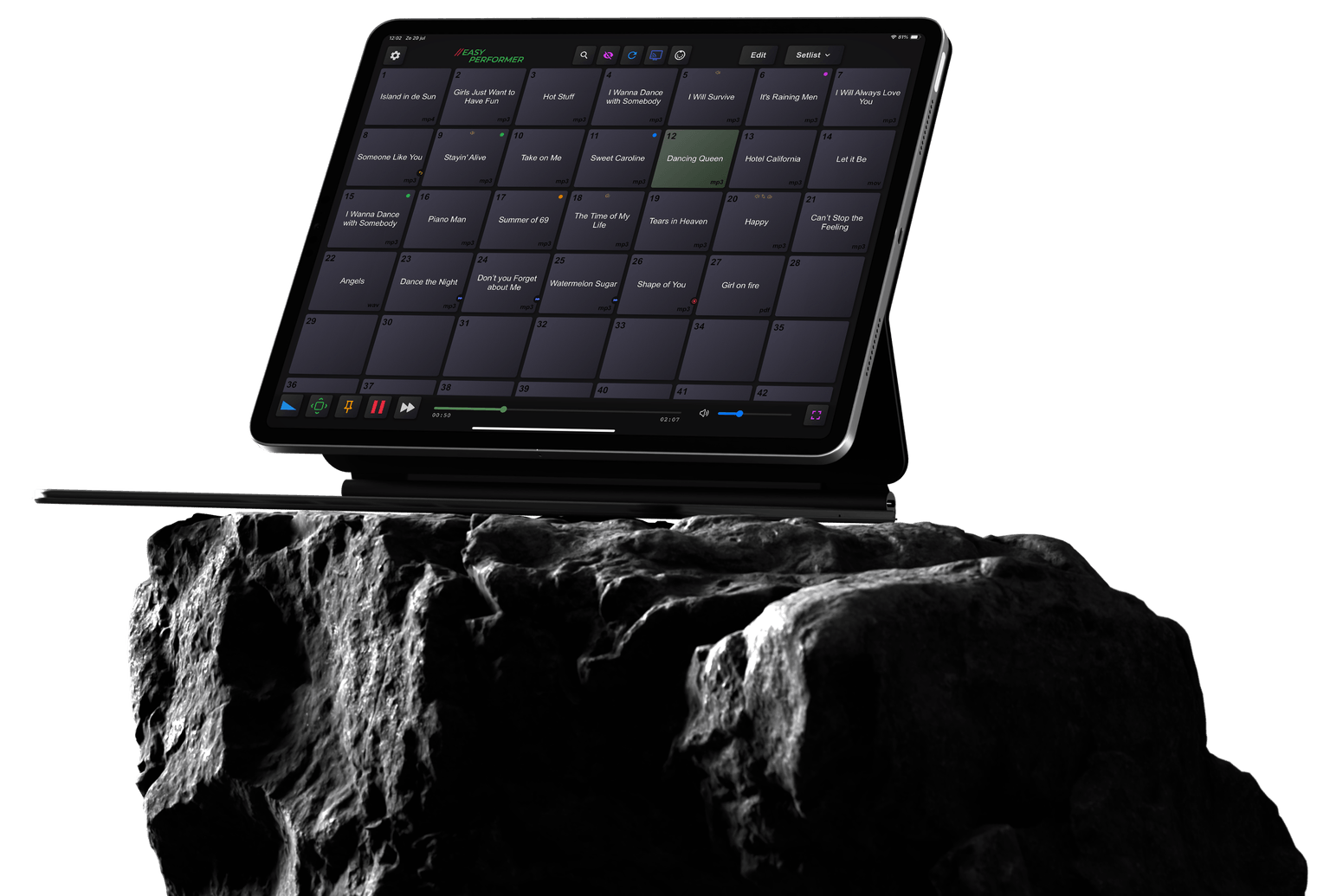 EasyPerformer app on an iPad with audio, video and lyrics pads in a setlist